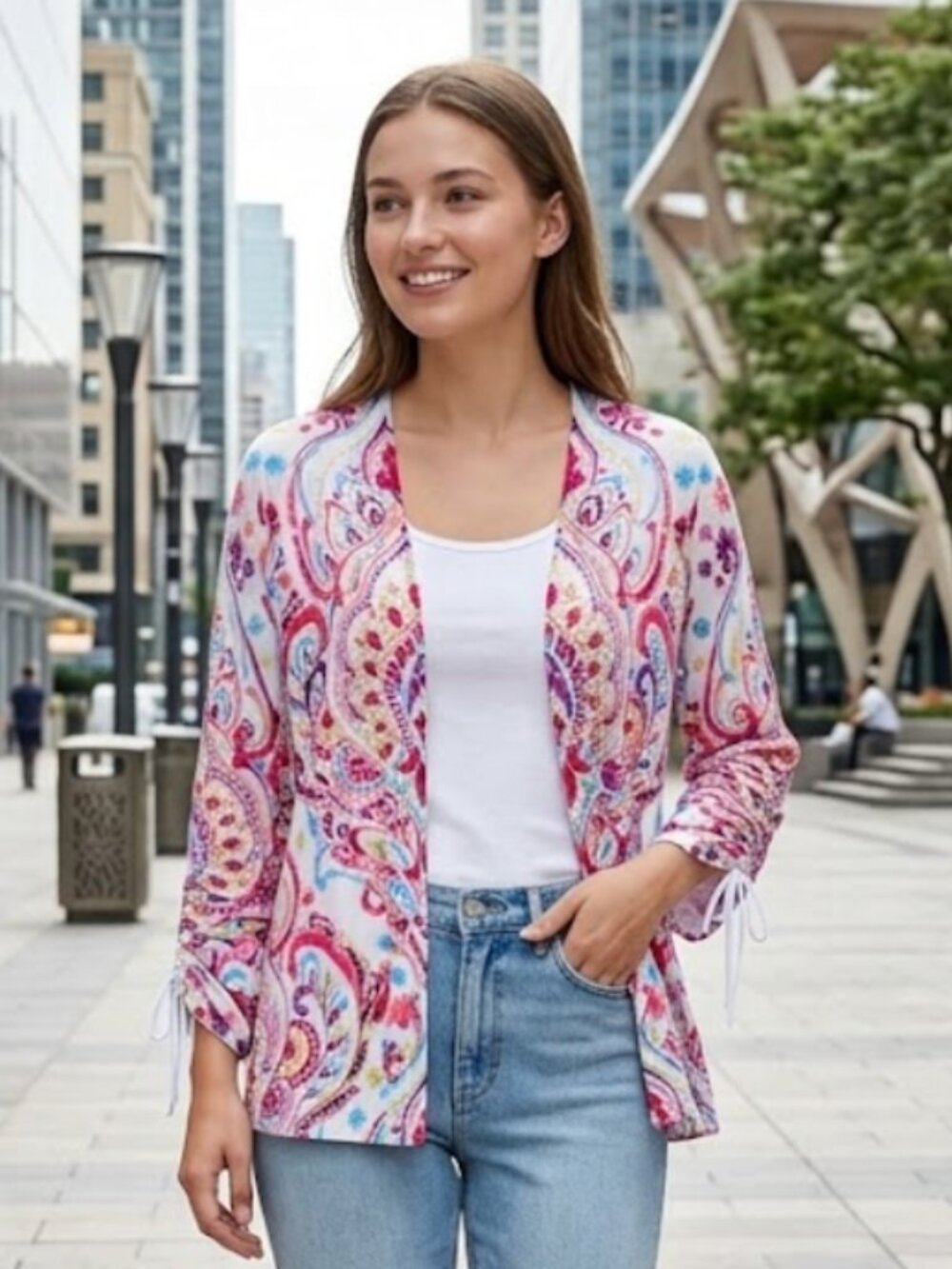 NWOT Chico’s Multi-Colored Printed Ruched-Sleeve Cardigan